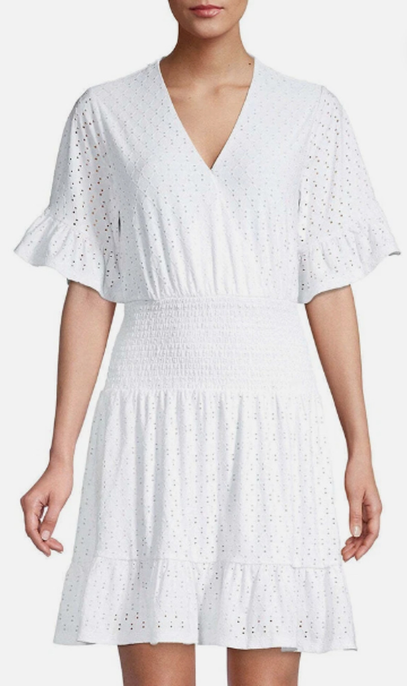 Michael Kors White Eyelet Smocked Dress V-Neck Flutter Sleeve Ruffle Mini Sm 2-6
